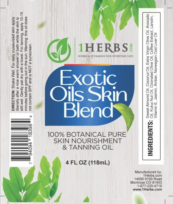 Read more about Exotic Oils Skin Natural Organic Blend from its label. Find out more about supplement facts, ingredients, suggested use, serving size, and other useful information. Main ingredients are: Sweet almond oil, Coconut oil, Extra virgin olive oil, Avocado oil, Kukui nut oil, Ozonated olive oil, Coffee extract, Lanolin, Vitamin E, Jasmin, Amber, Norwegian cod liver oil.