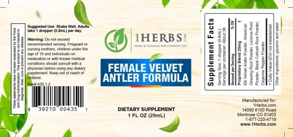 Read more about Female Velvet Antler Natural Formula from its label. Find out more about supplement facts, ingredients, suggested use, serving size, and other useful information. Main ingredients: Elk Velvet Antler Powder, American ginseng root powder, licorice root powder, black cohosh root powder, and cayenne pepper powder.