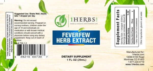 Read more about Feverfew Herb Liquid Alcohol-Free Extract from its label. Find out more about supplement facts, ingredients, suggested use, serving size, and other useful information. Main ingredients: dried Feverfew leaves, water and vegetable glycerin.