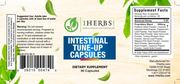 Learn more about Intestinal Tune-Up Alcohol-Free Organic Caps from its label. Find out more about supplement facts, ingredients, suggested use, serving size, and other useful information. Main ingredients: Plantago psyllium seed, cascara sagrada, capsicum, garlic, rosehips, aloe, rhubarb root, senna leaves, flaxseed meal, slippery elm, licorice, marshmallow, and peppermint.
