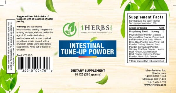 Read more about Intestinal Tune-Up Alcohol-Free Natural Herb Powder from its label. Find out more about supplement facts, ingredients, suggested use, serving size, and other useful information. Ingredients: Plantago psyllium seed, cascara sagrada, capsicum, garlic, rosehips, aloe vera, rhubarb root, senna leaves, flaxseed meal, slippery elm, licorice, marshmallow, and peppermint.