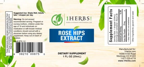 Read more about Rosehips Herb Liquid Alcohol-Free Natural Organic Extract from its label. Find out more about supplement facts, ingredients, suggested use, serving size, and other useful information. Main ingredients: Rose Hips Powder, water and vegetable glycerin.