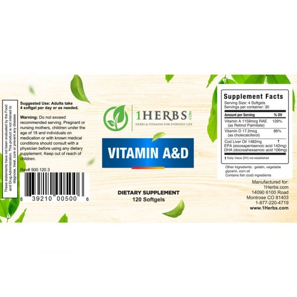 Vitamin A and D Capsules by 1Herbs combines Vitamins A, D and Cod Liver Oils for maximum coverage of your nutrient needs