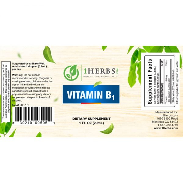 Vitamin B1 (Thiamin) should be dosed at .8mL per day when purchased from 1Herbs.com