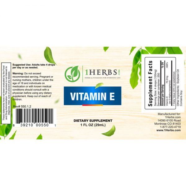 Vitamin E (D-Alpha Tocopherol) in a liquid form should be taken 4 times a day or as needed.
